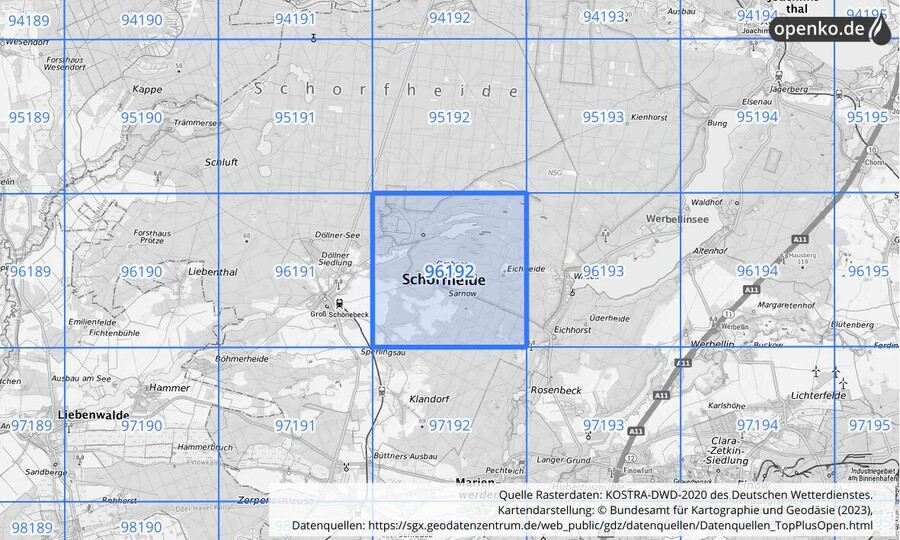 Übersichtskarte des KOSTRA-DWD-2020-Rasterfeldes Nr. 96192