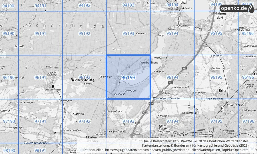Übersichtskarte des KOSTRA-DWD-2020-Rasterfeldes Nr. 96193