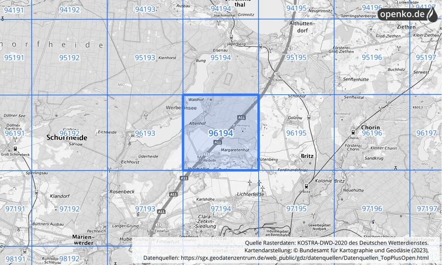 Übersichtskarte des KOSTRA-DWD-2020-Rasterfeldes Nr. 96194