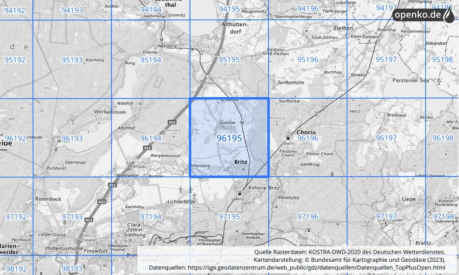 Übersichtskarte des KOSTRA-DWD-2020-Rasterfeldes Nr. 96195