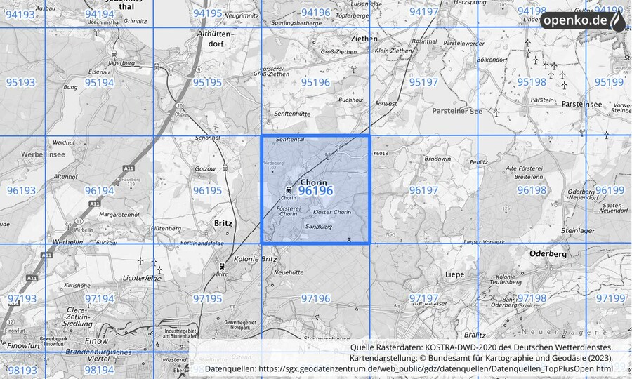 Übersichtskarte des KOSTRA-DWD-2020-Rasterfeldes Nr. 96196