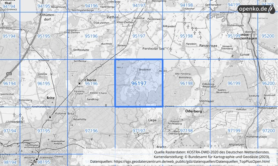 Übersichtskarte des KOSTRA-DWD-2020-Rasterfeldes Nr. 96197