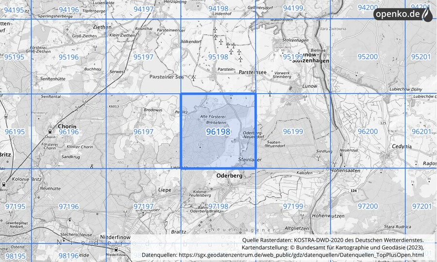 Übersichtskarte des KOSTRA-DWD-2020-Rasterfeldes Nr. 96198