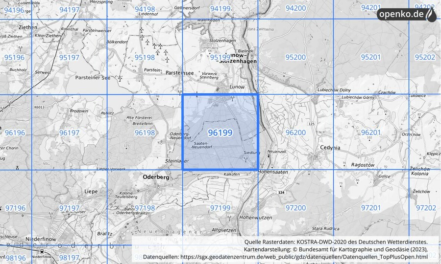 Übersichtskarte des KOSTRA-DWD-2020-Rasterfeldes Nr. 96199