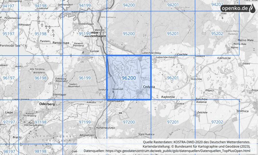 Übersichtskarte des KOSTRA-DWD-2020-Rasterfeldes Nr. 96200