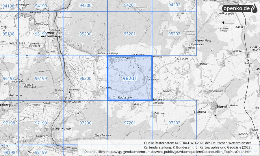 Übersichtskarte des KOSTRA-DWD-2020-Rasterfeldes Nr. 96201