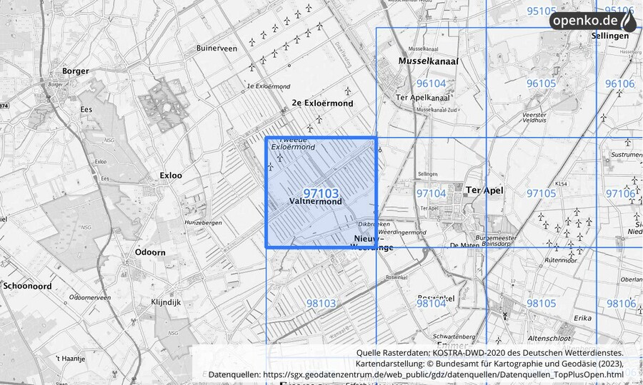 Übersichtskarte des KOSTRA-DWD-2020-Rasterfeldes Nr. 97103