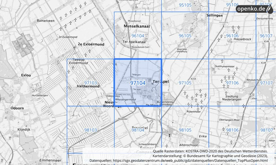 Übersichtskarte des KOSTRA-DWD-2020-Rasterfeldes Nr. 97104