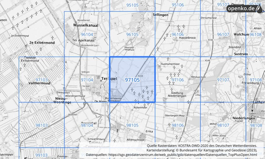 Übersichtskarte des KOSTRA-DWD-2020-Rasterfeldes Nr. 97105