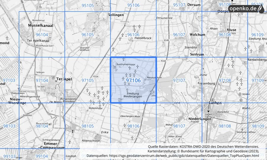 Übersichtskarte des KOSTRA-DWD-2020-Rasterfeldes Nr. 97106