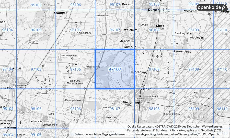 Übersichtskarte des KOSTRA-DWD-2020-Rasterfeldes Nr. 97107