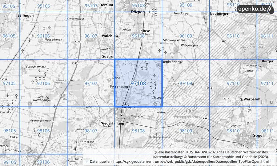 Übersichtskarte des KOSTRA-DWD-2020-Rasterfeldes Nr. 97108