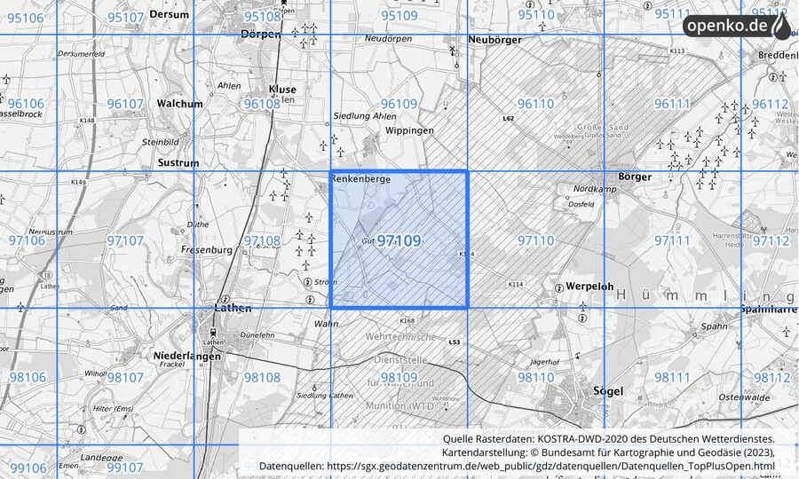 Übersichtskarte des KOSTRA-DWD-2020-Rasterfeldes Nr. 97109