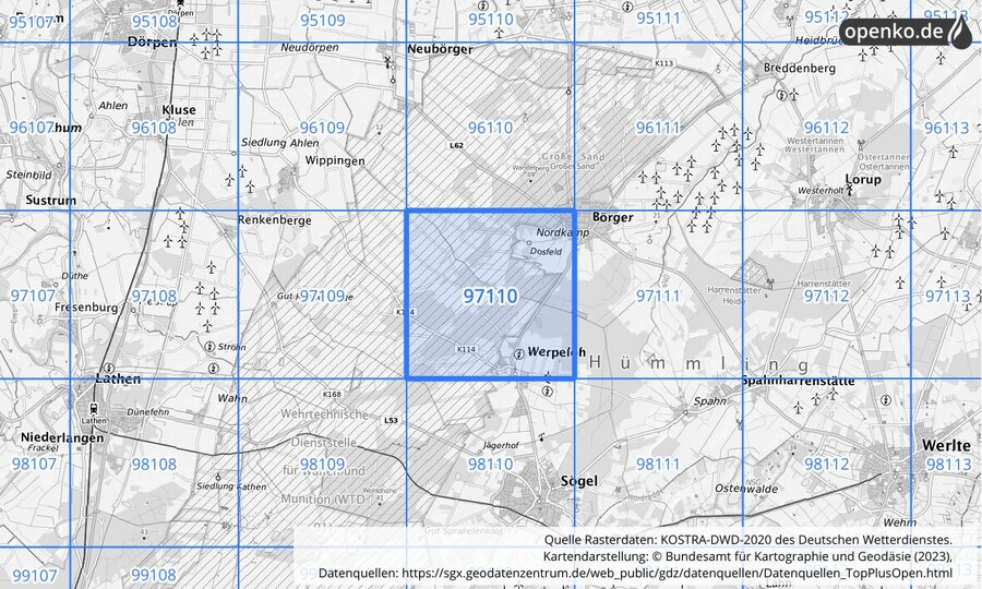 Übersichtskarte des KOSTRA-DWD-2020-Rasterfeldes Nr. 97110