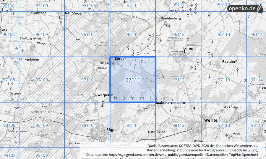 Übersichtskarte des KOSTRA-DWD-2020-Rasterfeldes Nr. 97111