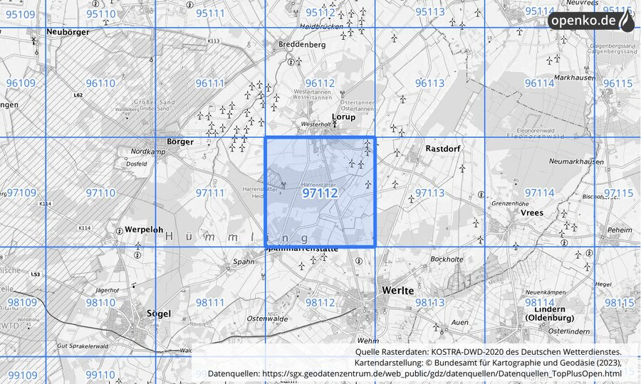 Übersichtskarte des KOSTRA-DWD-2020-Rasterfeldes Nr. 97112