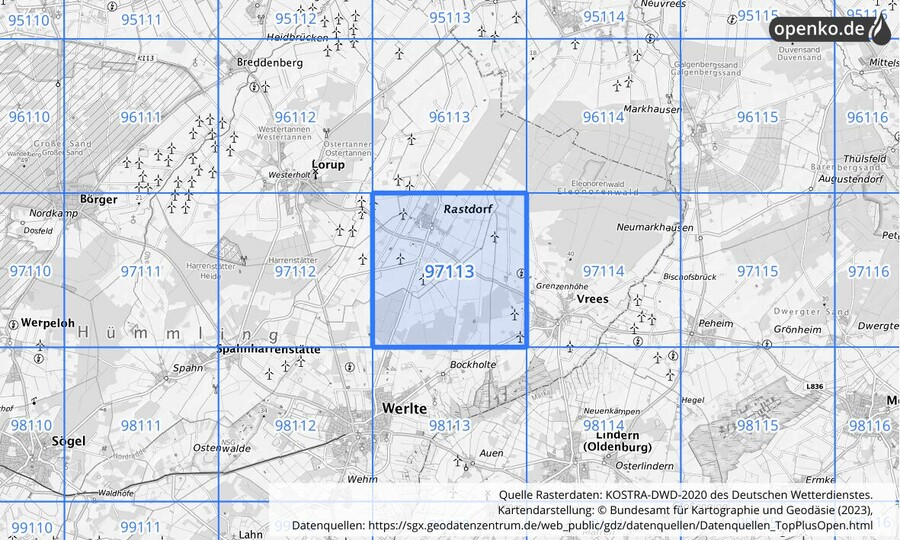 Übersichtskarte des KOSTRA-DWD-2020-Rasterfeldes Nr. 97113