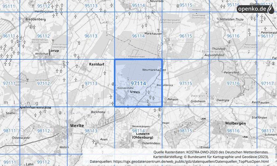 Übersichtskarte des KOSTRA-DWD-2020-Rasterfeldes Nr. 97114