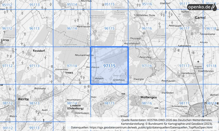 Übersichtskarte des KOSTRA-DWD-2020-Rasterfeldes Nr. 97115