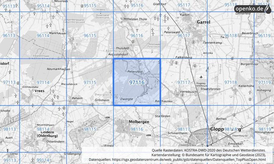 Übersichtskarte des KOSTRA-DWD-2020-Rasterfeldes Nr. 97116