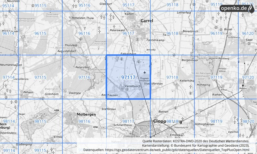Übersichtskarte des KOSTRA-DWD-2020-Rasterfeldes Nr. 97117