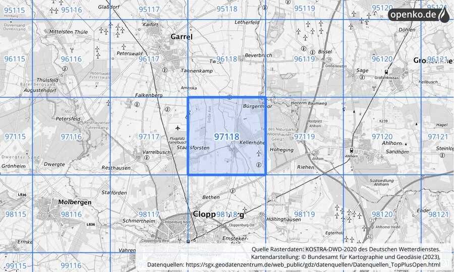Übersichtskarte des KOSTRA-DWD-2020-Rasterfeldes Nr. 97118