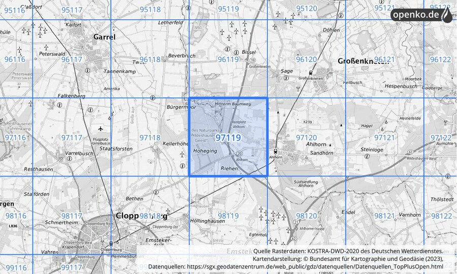 Übersichtskarte des KOSTRA-DWD-2020-Rasterfeldes Nr. 97119