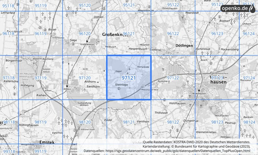 Übersichtskarte des KOSTRA-DWD-2020-Rasterfeldes Nr. 97121