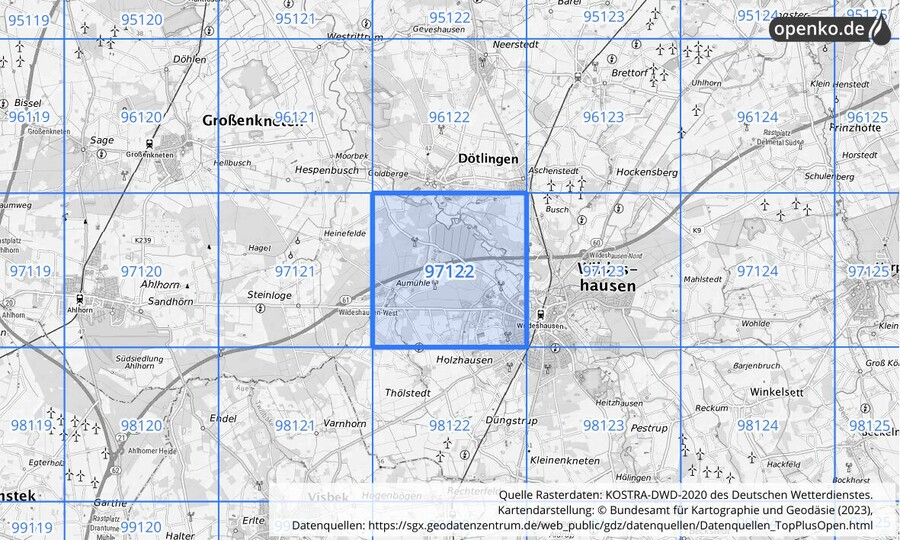 Übersichtskarte des KOSTRA-DWD-2020-Rasterfeldes Nr. 97122