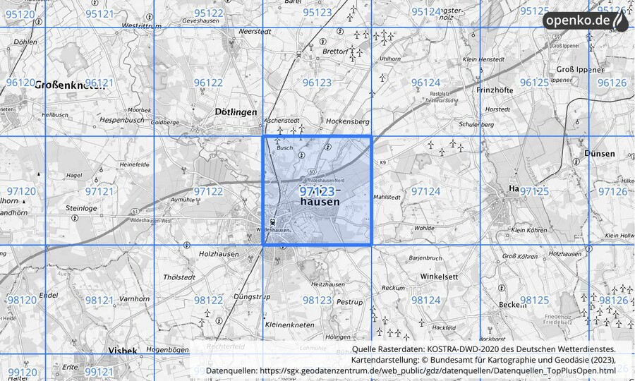 Übersichtskarte des KOSTRA-DWD-2020-Rasterfeldes Nr. 97123