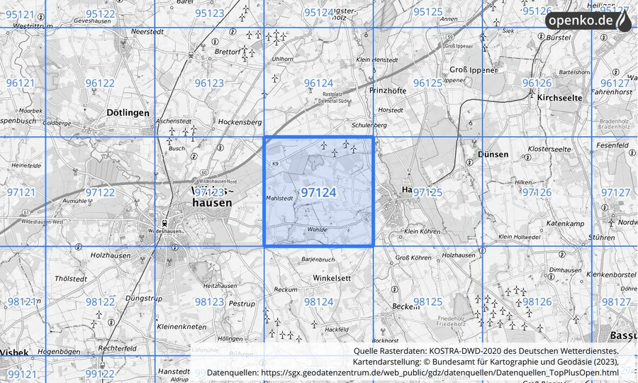 Übersichtskarte des KOSTRA-DWD-2020-Rasterfeldes Nr. 97124