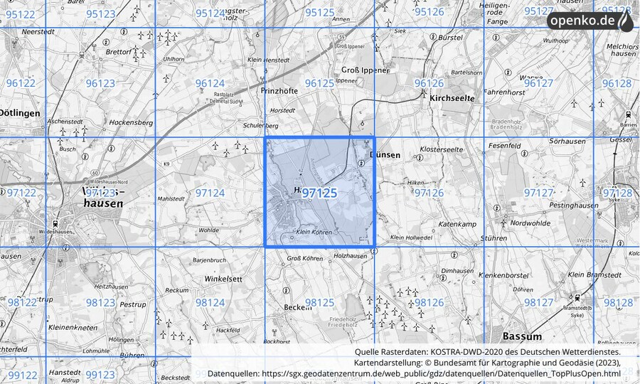 Übersichtskarte des KOSTRA-DWD-2020-Rasterfeldes Nr. 97125