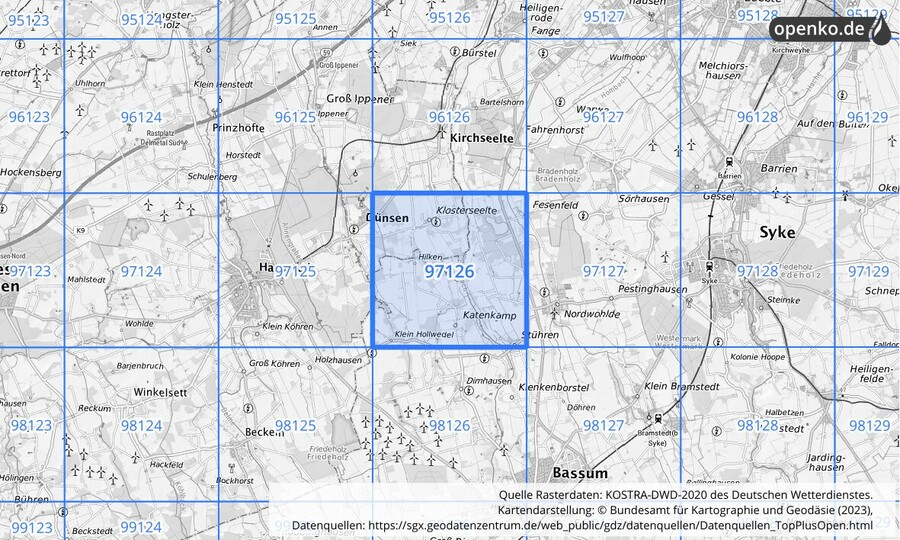 Übersichtskarte des KOSTRA-DWD-2020-Rasterfeldes Nr. 97126