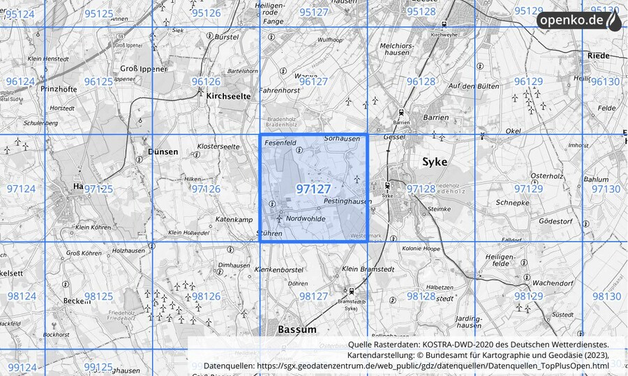 Übersichtskarte des KOSTRA-DWD-2020-Rasterfeldes Nr. 97127