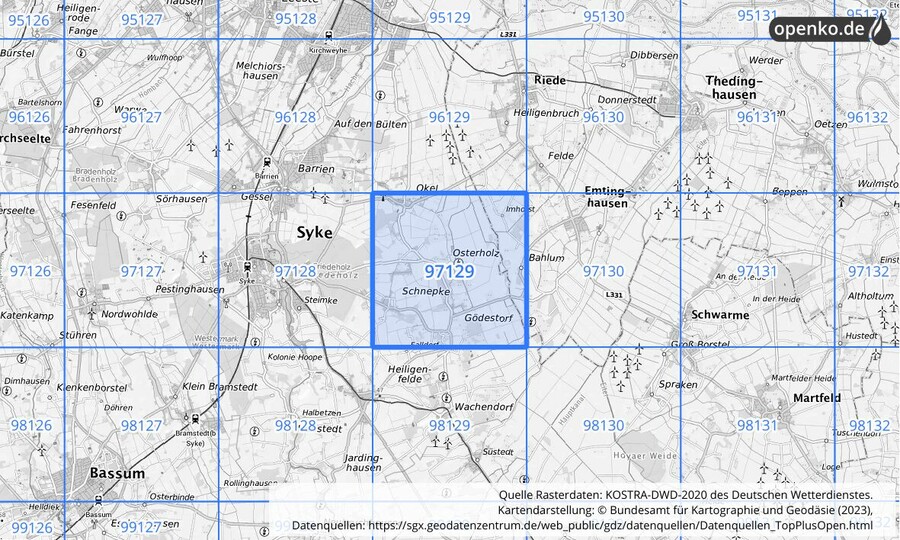 Übersichtskarte des KOSTRA-DWD-2020-Rasterfeldes Nr. 97129