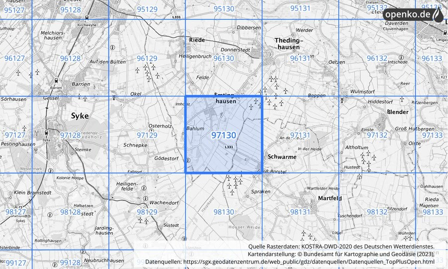 Übersichtskarte des KOSTRA-DWD-2020-Rasterfeldes Nr. 97130