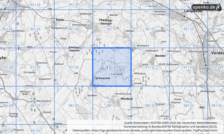 Übersichtskarte des KOSTRA-DWD-2020-Rasterfeldes Nr. 97131