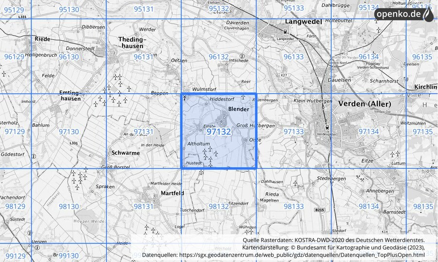 Übersichtskarte des KOSTRA-DWD-2020-Rasterfeldes Nr. 97132