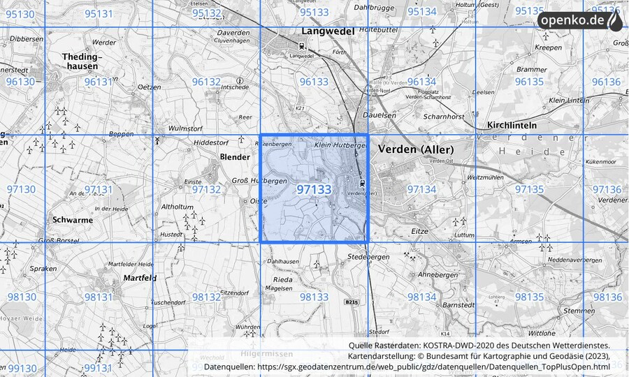 Übersichtskarte des KOSTRA-DWD-2020-Rasterfeldes Nr. 97133