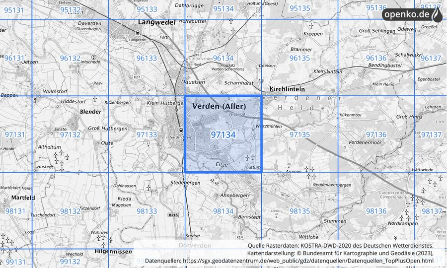 Übersichtskarte des KOSTRA-DWD-2020-Rasterfeldes Nr. 97134