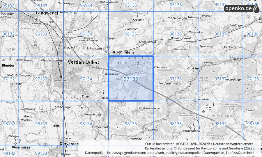 Übersichtskarte des KOSTRA-DWD-2020-Rasterfeldes Nr. 97135