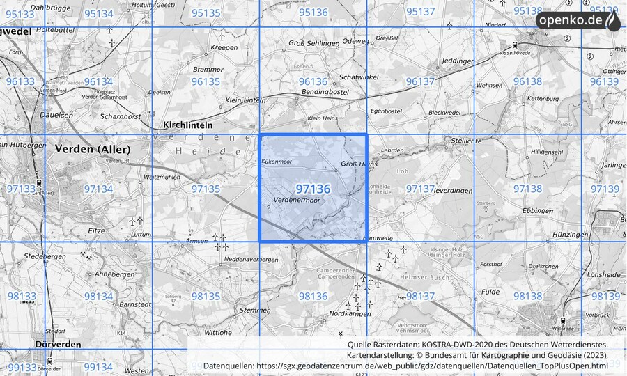 Übersichtskarte des KOSTRA-DWD-2020-Rasterfeldes Nr. 97136