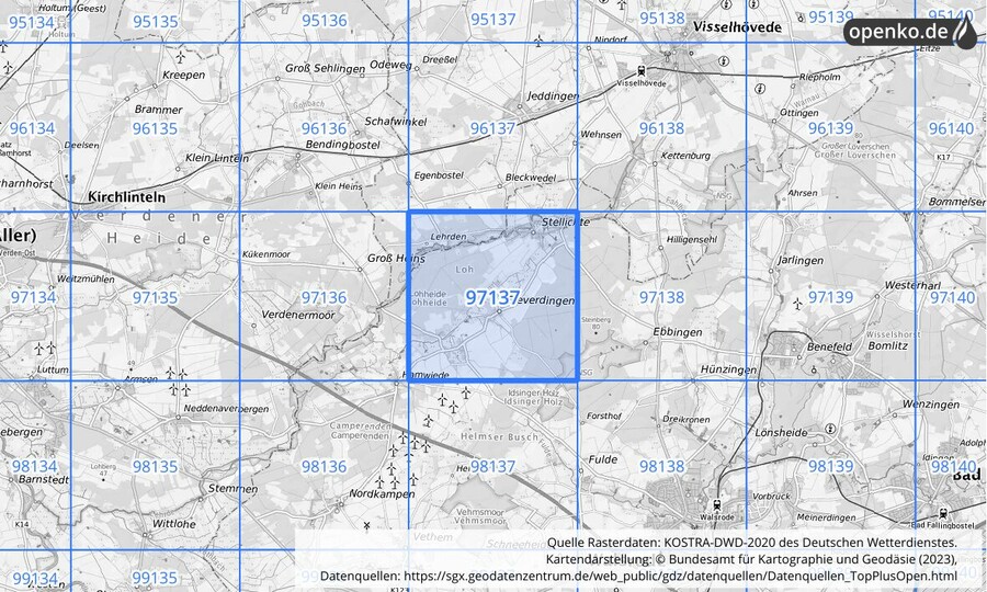 Übersichtskarte des KOSTRA-DWD-2020-Rasterfeldes Nr. 97137