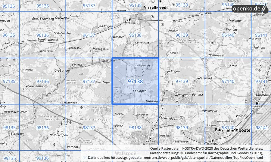 Übersichtskarte des KOSTRA-DWD-2020-Rasterfeldes Nr. 97138