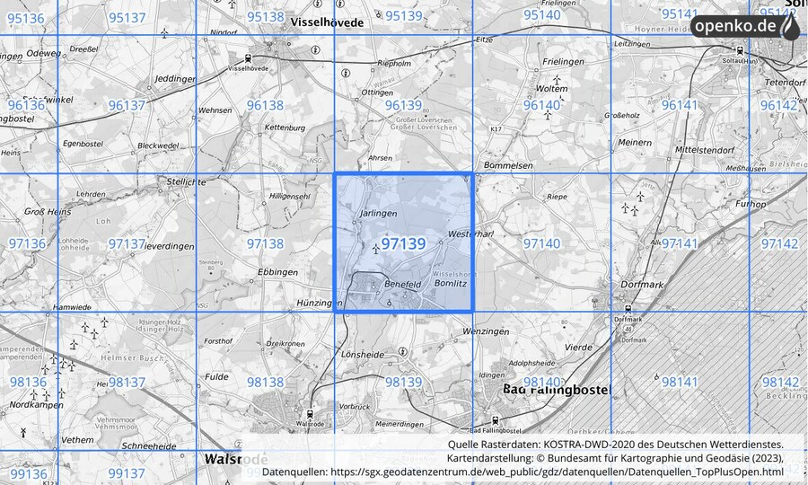 Übersichtskarte des KOSTRA-DWD-2020-Rasterfeldes Nr. 97139