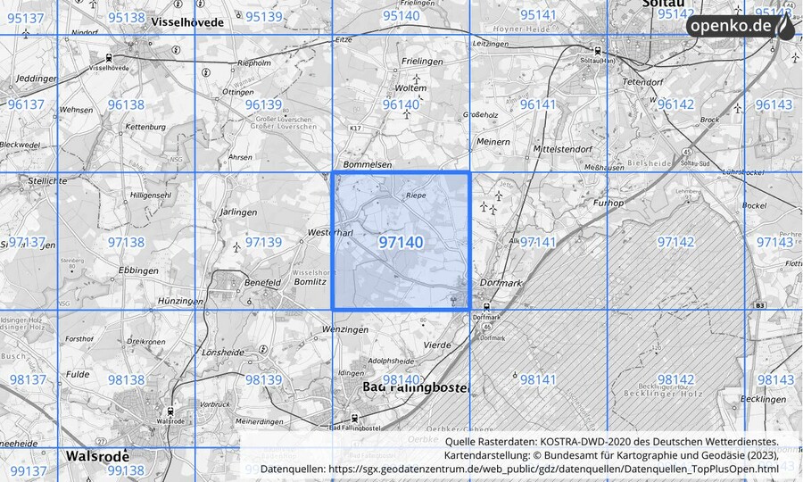 Übersichtskarte des KOSTRA-DWD-2020-Rasterfeldes Nr. 97140