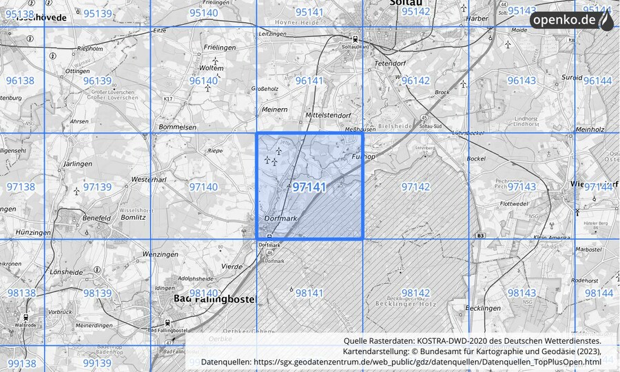 Übersichtskarte des KOSTRA-DWD-2020-Rasterfeldes Nr. 97141