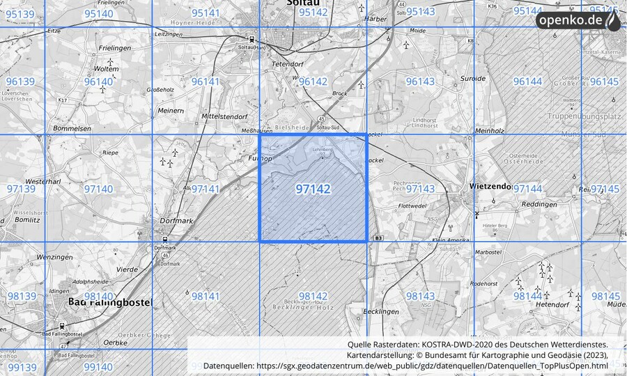 Übersichtskarte des KOSTRA-DWD-2020-Rasterfeldes Nr. 97142