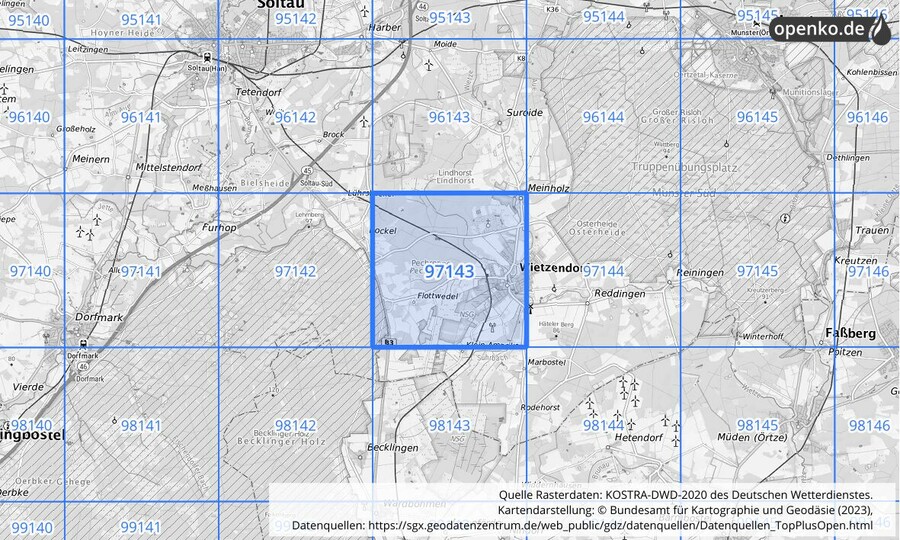 Übersichtskarte des KOSTRA-DWD-2020-Rasterfeldes Nr. 97143