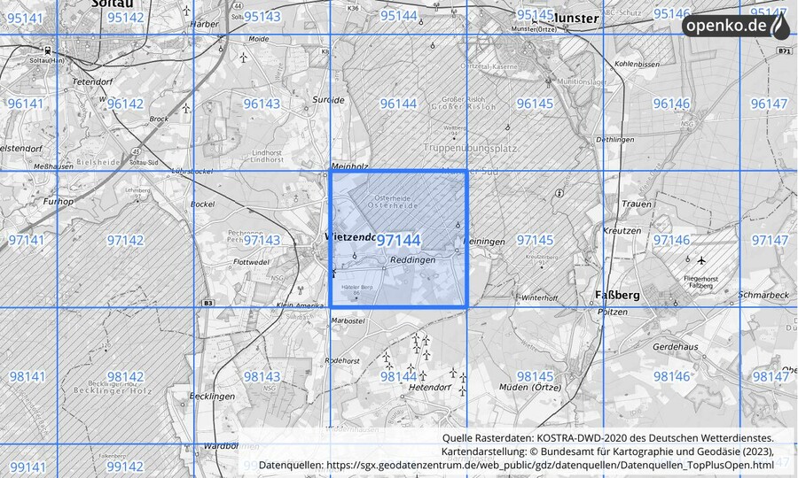 Übersichtskarte des KOSTRA-DWD-2020-Rasterfeldes Nr. 97144